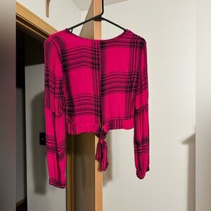 Red Plaid Tie-Front Blouse